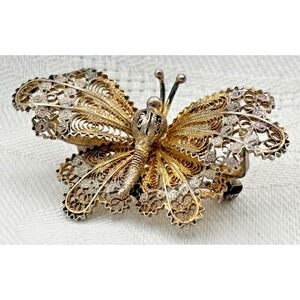 Vintage‎ Filigree Butterfly Brooch 90 Silver Plate Gold Wash Handmade Insect Pin